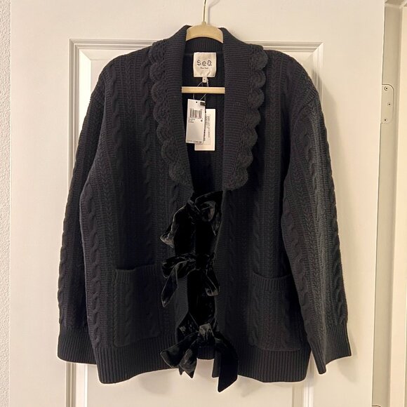 Sea New York Black Teresa Cable Knit Cardigan with Velvet...